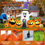 Witchwood™ 8 FT Long Halloween Inflatable Ghost with Witch Hat, 6 Pumpkins Halloween Blow Ups with Black Cat for Halloween Party Outdoor Yard Garden Lawn Decor