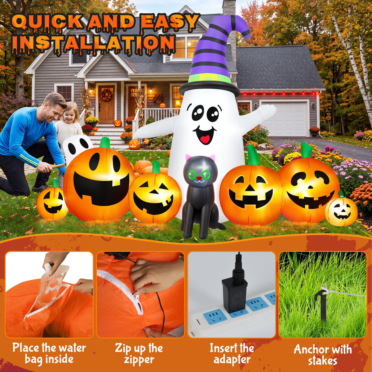 Witchwood™ 8 FT Long Halloween Inflatable Ghost with Witch Hat, 6 Pumpkins Halloween Blow Ups with Black Cat for Halloween Party Outdoor Yard Garden Lawn Decor