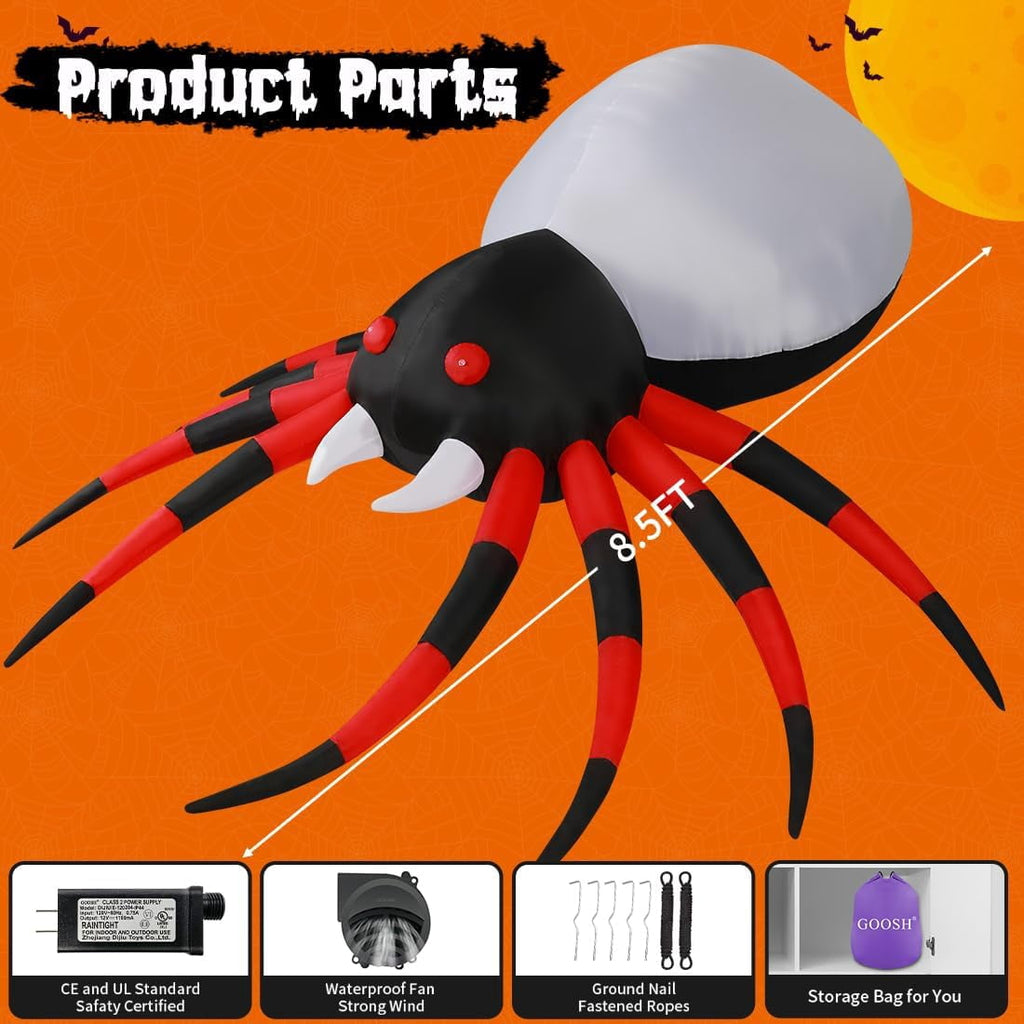 Witchwood™ Halloween Inflatable 8.5 FT Halloween Spider Inflatable, Giant Blow Up Spider with Built-in Lights, Outdoor Inflatable Halloween Decorations Halloween Blowup for Holiday/Party/Yard