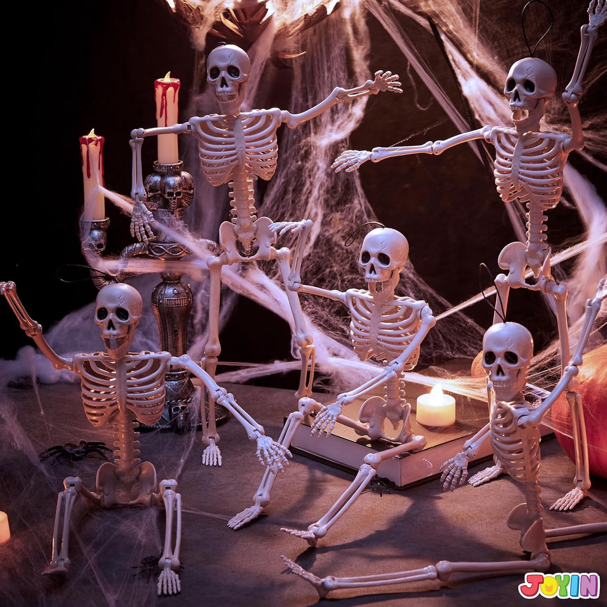 Witchwood™ 5 PCS Posable Halloween Skeleton Decor 16 Inches, Full Body Posable Joints Hanging Skeletons for Halloween Decorations, Graveyard Props, Haunted House Accessories, Spooky Scene Party Favors
