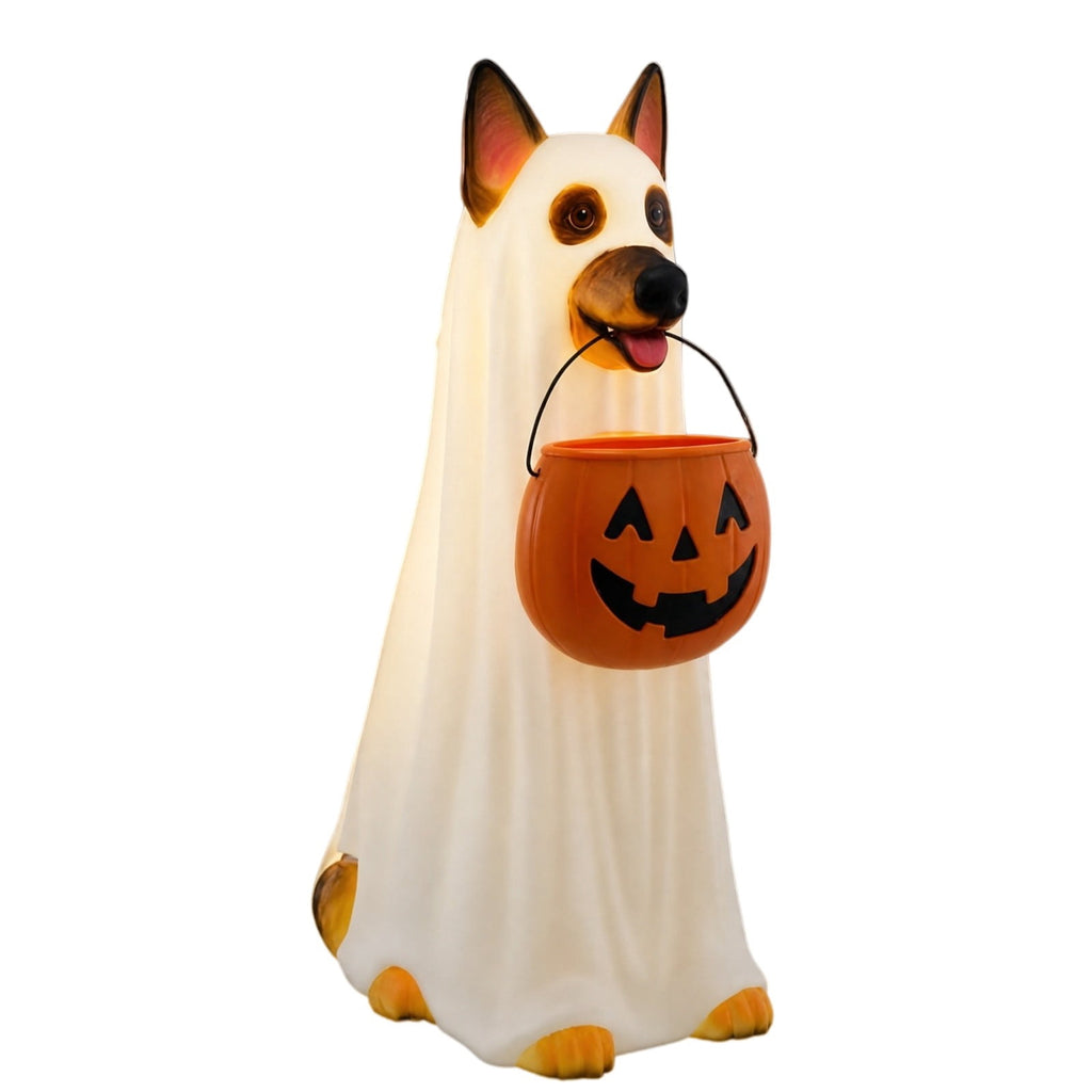 Witchwood™ Clearance! Halloween Ghost Dog Statue with Pumpkin Candy Bowl, 14" LED Ghost German Shepherd Blow-Molded Figurine Outdoor, Halloween Candy Holder Decoration Gift for Porch Yard Patio Indoor