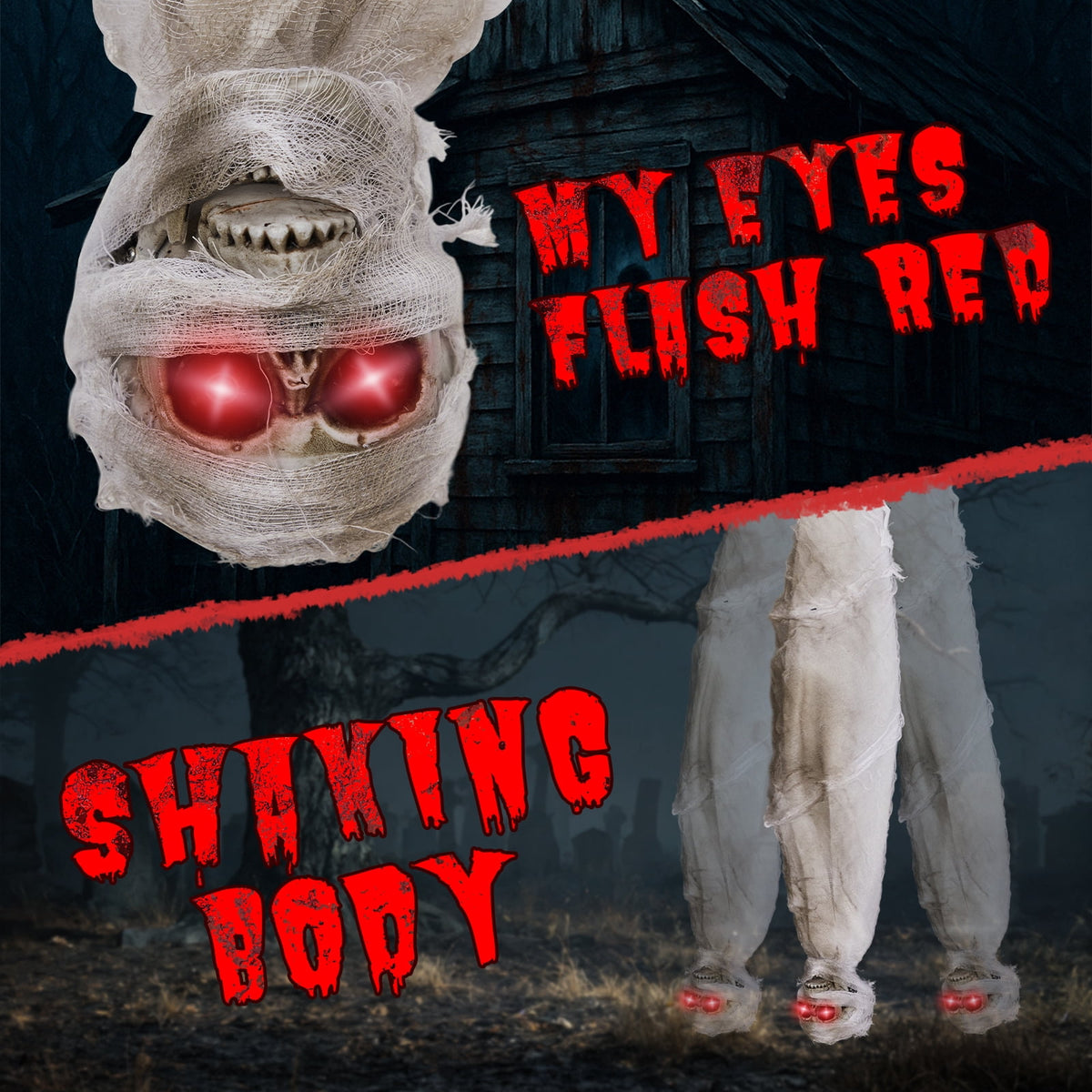 Witchwood™ 3ft Hanging Zombie Animated Halloween Decoration Creepy Mummy Halloween w/ Pre-Recorded Screaming, LED Eyes