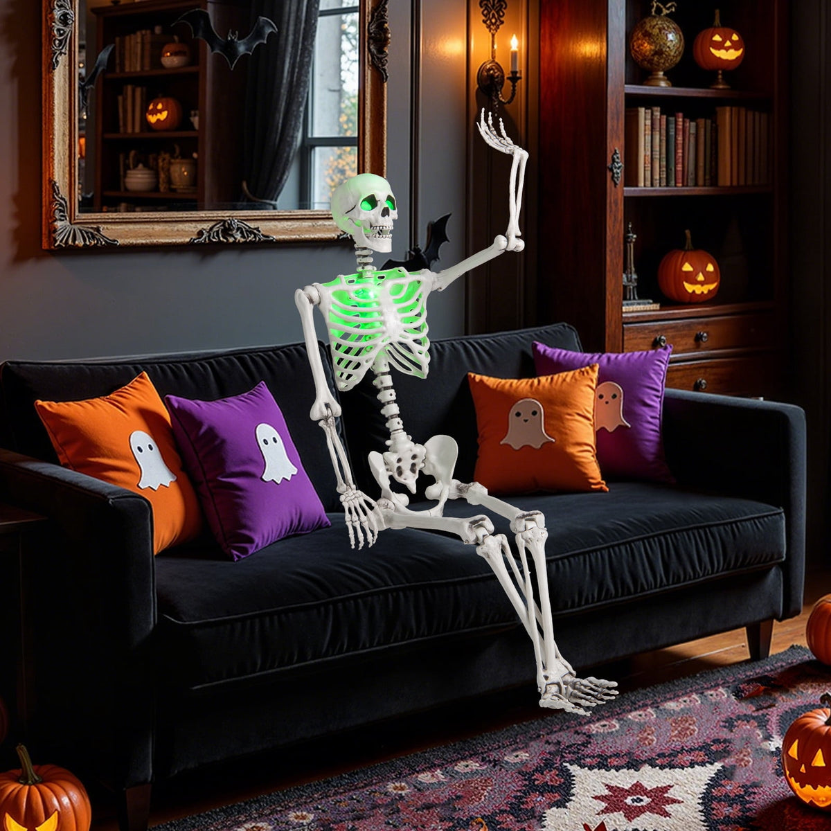 Witchwood™ Costway 5.5 FT Poseable Halloween Skeleton Life-Size Decoration with Built-in Lights Green