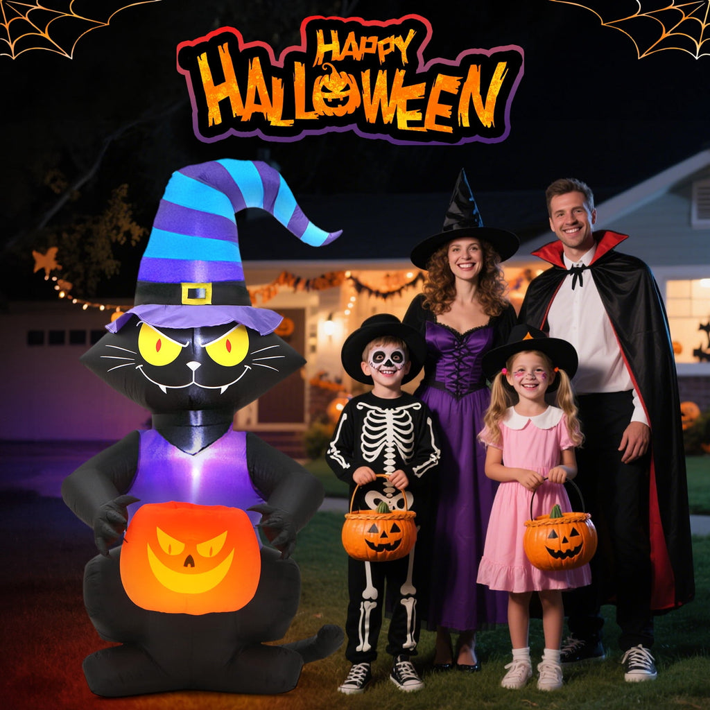 Witchwood™ Toiyjofe 6ft Halloween Inflatable Black Cat with Jack-o'-Lantern & LED Lights, Trick-or-Treat Yard Decoration with Witch Hat for Outdoor Lawn & Porch
