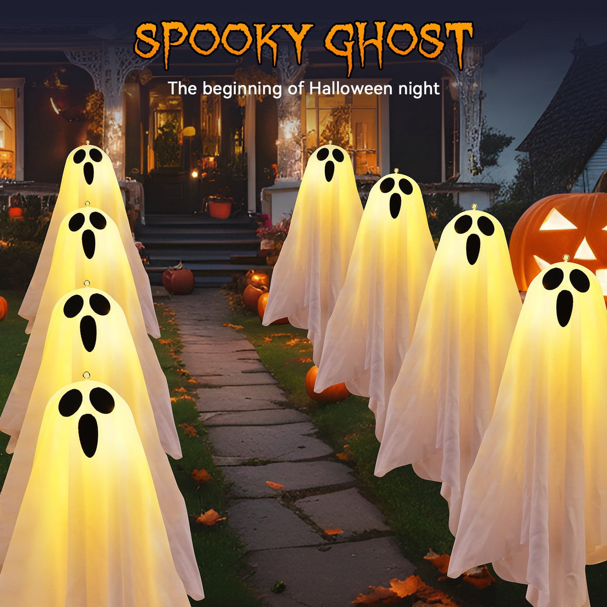 Witchwood™ Halloween Decorations, Solar Garden Lights Outdoor, 5Packs Halloween Ghost Decorations Lights Indoor, Solar Scary Ghost Path Lights for Halloween Party Decor, Porches Yards Gardens Lawn, Warm White