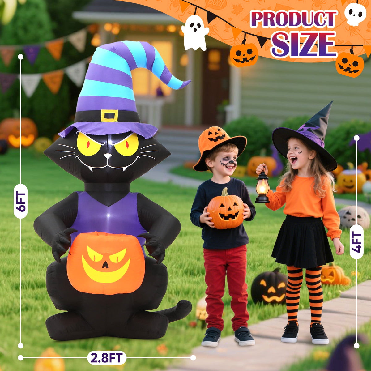Witchwood™ Toiyjofe 6ft Halloween Inflatable Black Cat with Jack-o'-Lantern & LED Lights, Trick-or-Treat Yard Decoration with Witch Hat for Outdoor Lawn & Porch