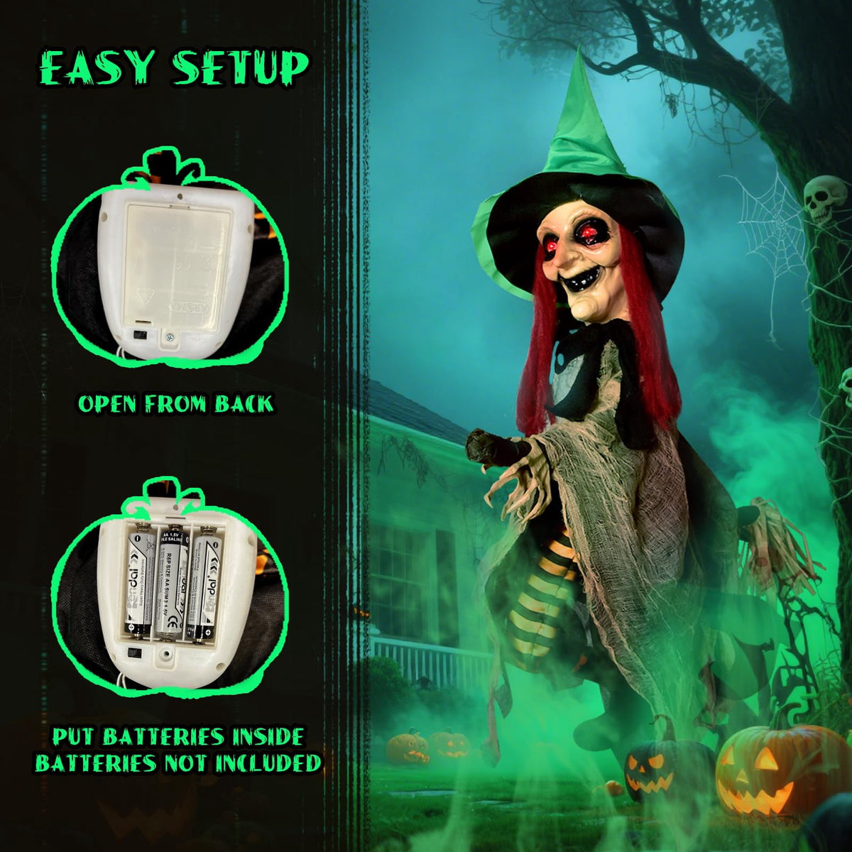 Witchwood™ Halloween LED Light-Up Flying Witch on Broomstick, Realistic Sound & Motion, Scary Animated Decoration with Kicking Legs for Yard, Party, Haunted House Green