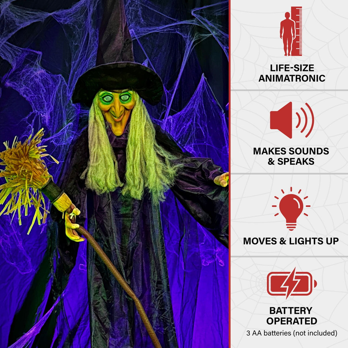 Witchwood™ Life-Size Animated Talking Witch w/ Broomstick, 6 ft Halloween Decoration, HHWITCH-5FLSA
