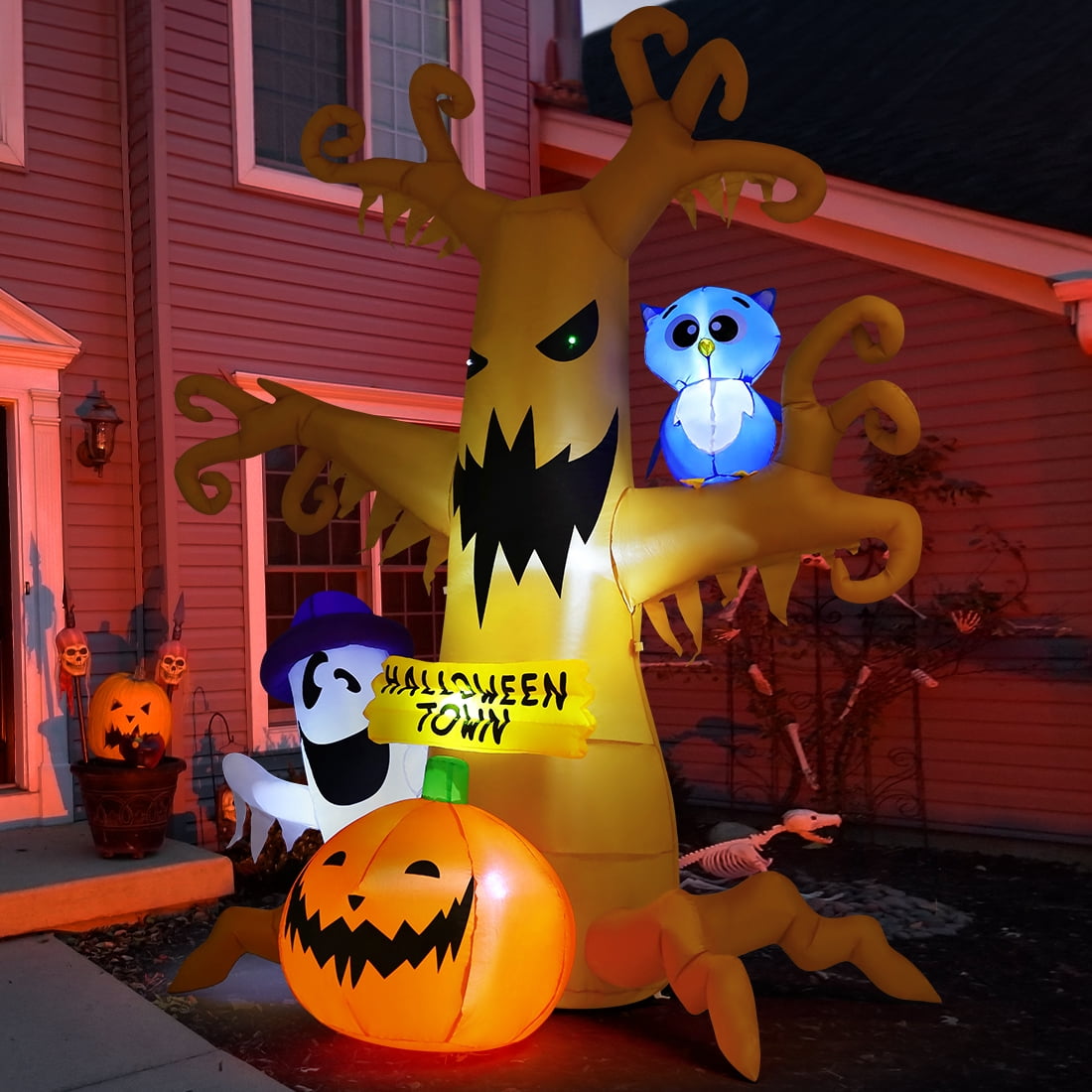 Witchwood™ Halloween Inflatables 8 FT Halloween Inflatable tree with Ghost Pumpkin and Owl, Halloween Dead Tree Decorations Scary Halloween Decorations with Built-in Lights for Halloween/Holiday/Party