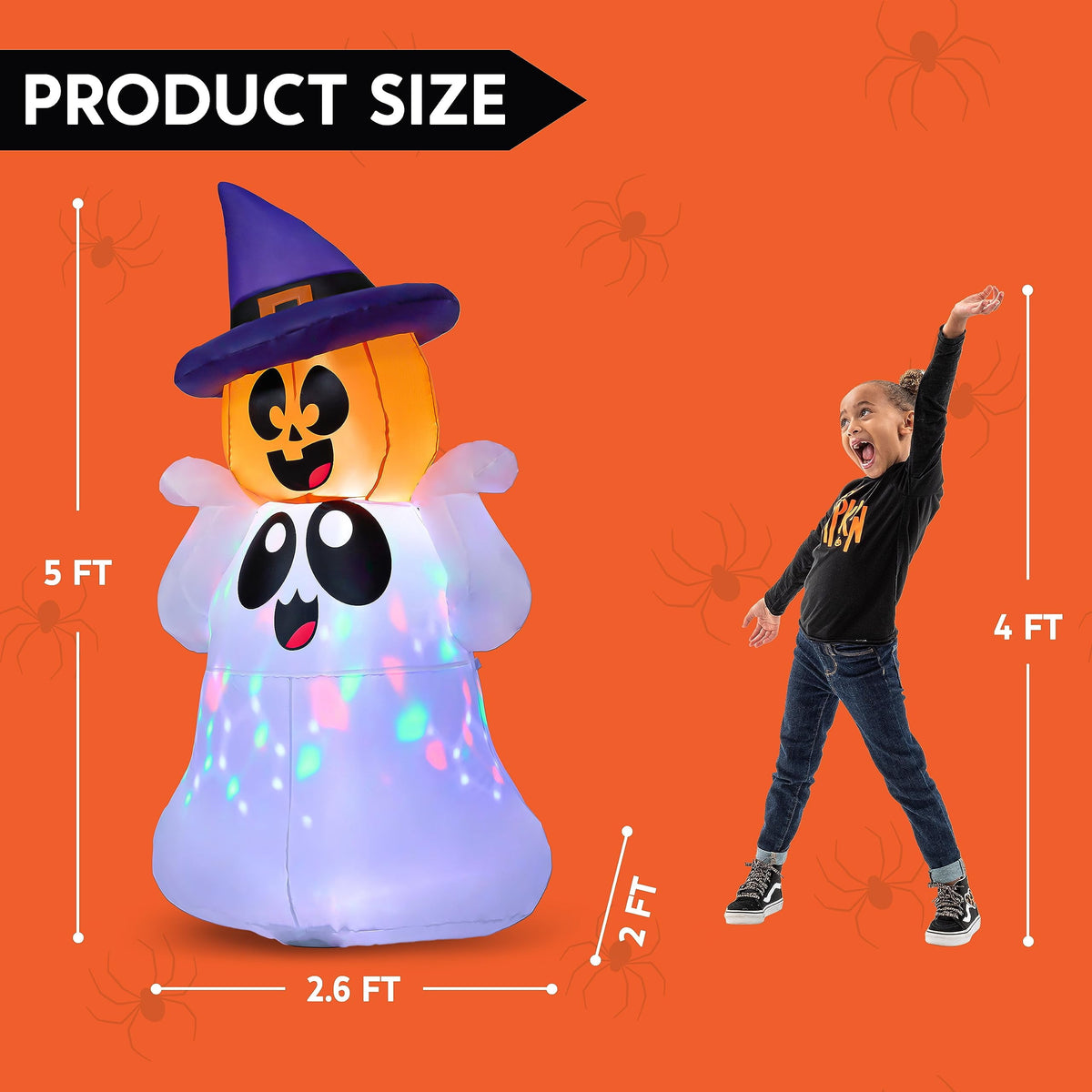 Witchwood™ 5Ft Halloween Inflatable Pumpkin Ghost with Colorful LED Lights,Halloween Blow Up Cute Decor for Indoor Outdoor Holiday Yard Decoration