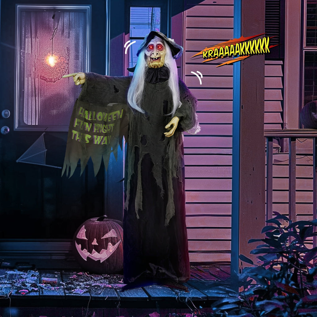 Witchwood™ 6FT Halloween Animatronic Witch Standing Outdoor Halloween Decoration w/ Red Eyes,Scary Sounds