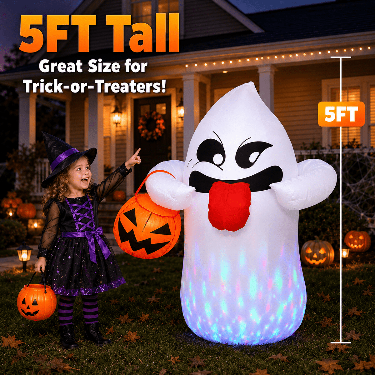 Witchwood™ 5FT Halloween Inflatable Ghost Holding Pumpkin Lantern, Light-Up Blow Up Outdoor Yard Decoration with RGB LED Lights