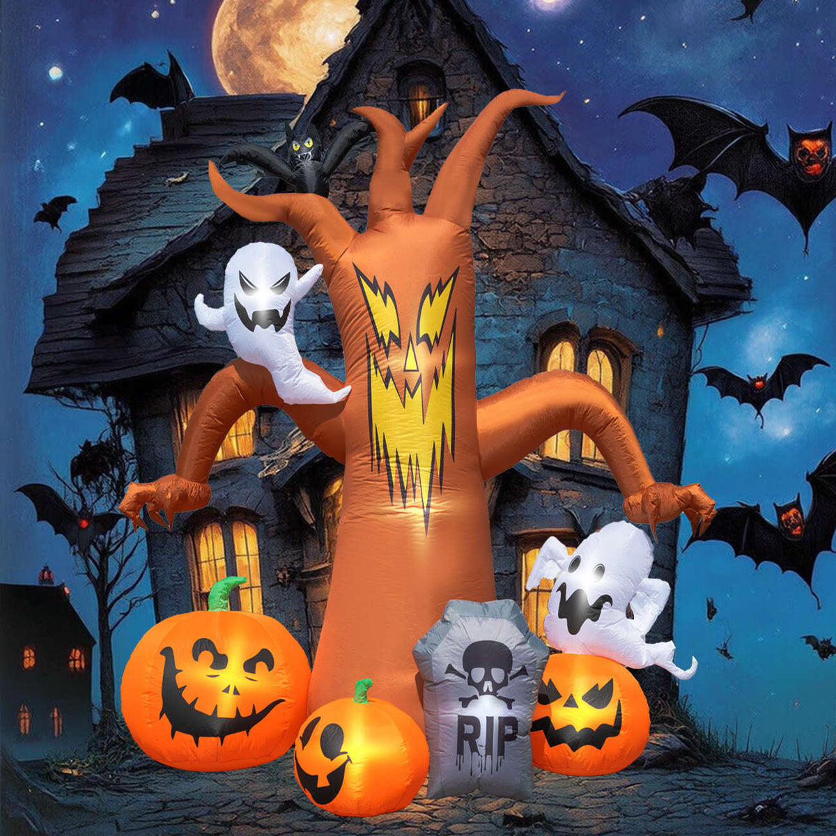 Witchwood™ Coolmade 8ft Halloween Inflatables Decorations Inflatable Dead Tree Outdoor Decorations with LED Lights Built-in Blow Up Yard Decoration Pumpkin Ghost for Halloween Outdoor