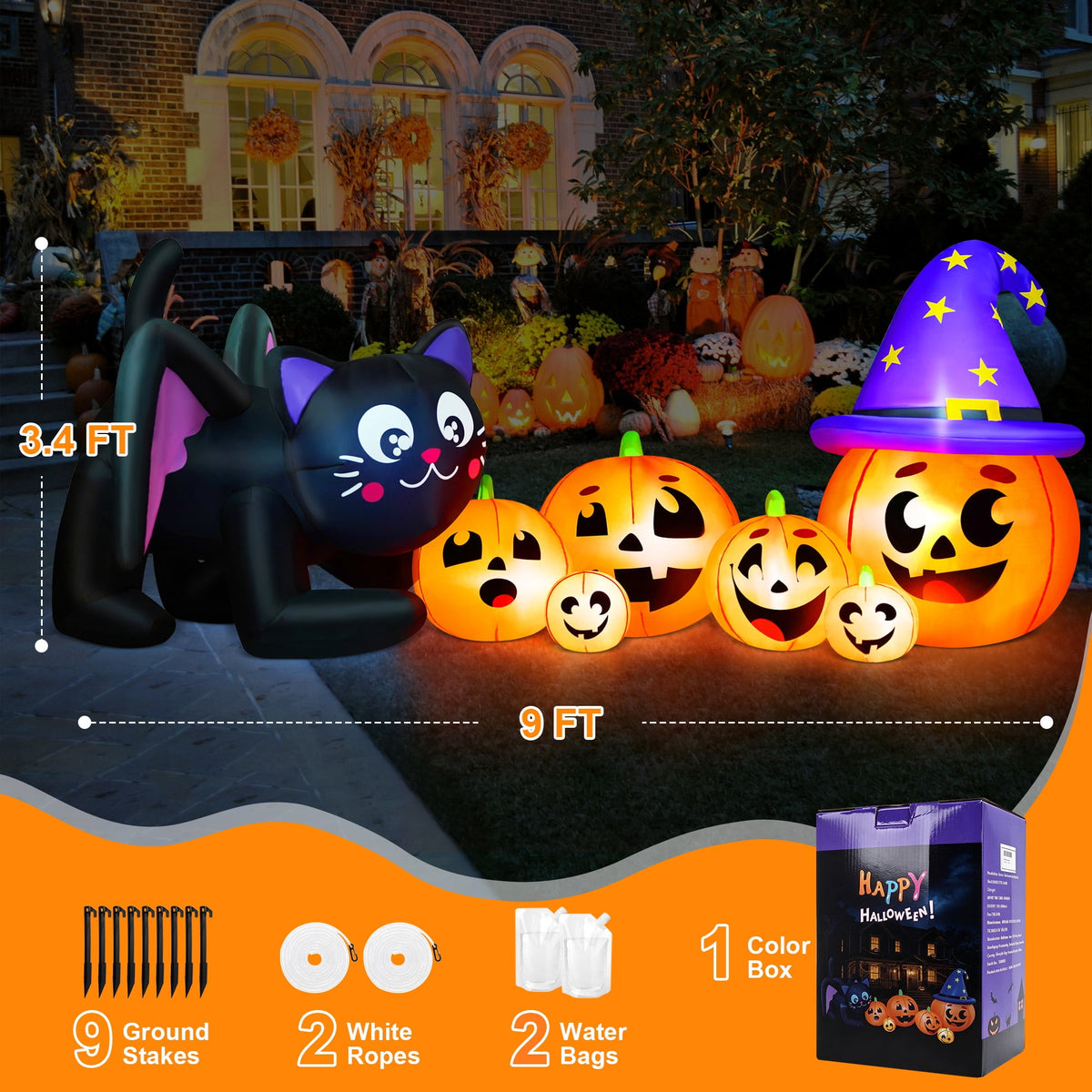 Witchwood™ 9FT Halloween Inflatable Black Cat with Pumpkin,Halloween Yard Decoration with 8 LED Lights,Blow Up Outdoor Lawn Decor
