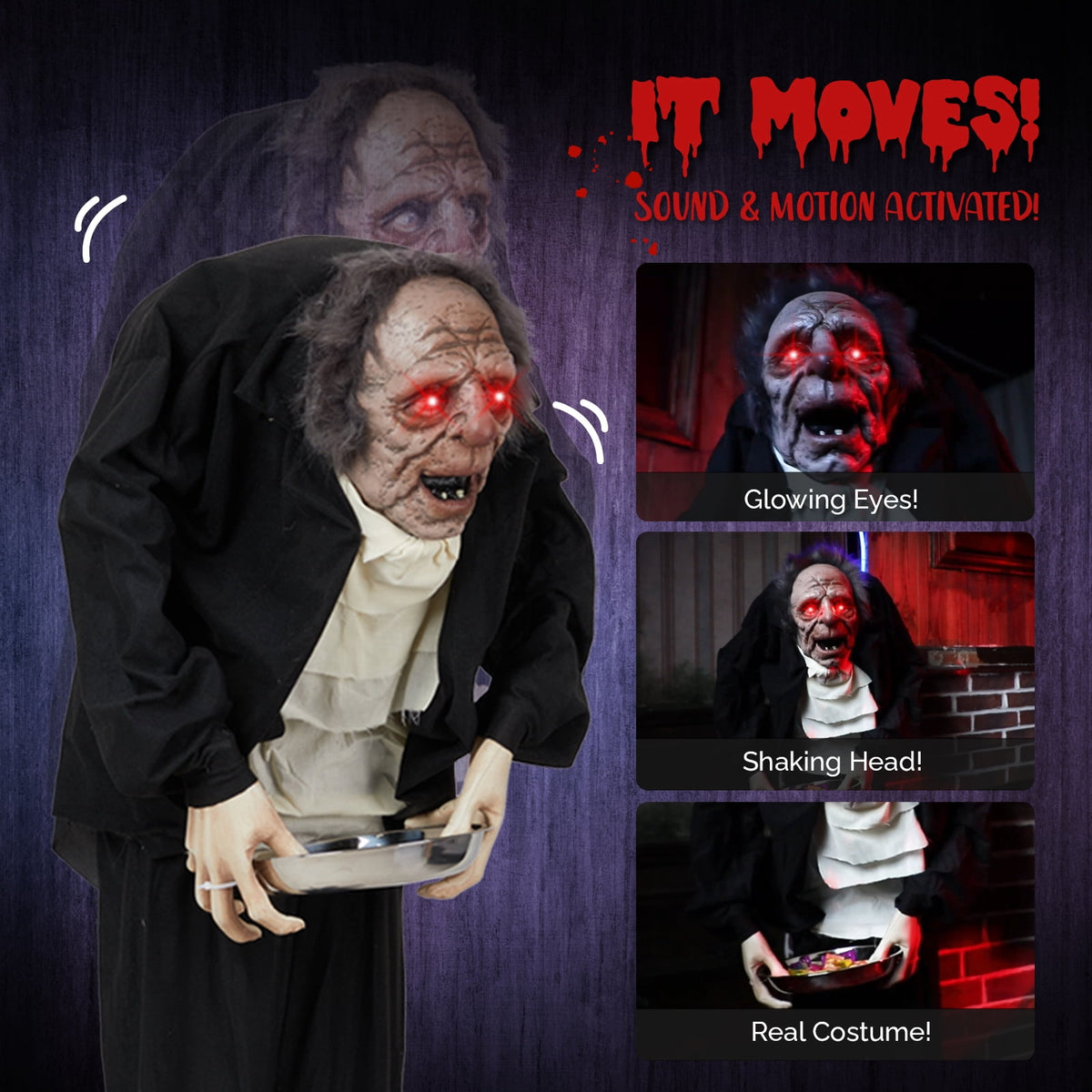 Witchwood™ 5FT Halloween Animatronic Grandpa w/ Candy Dish The Sound Activated Standing Halloween Prop