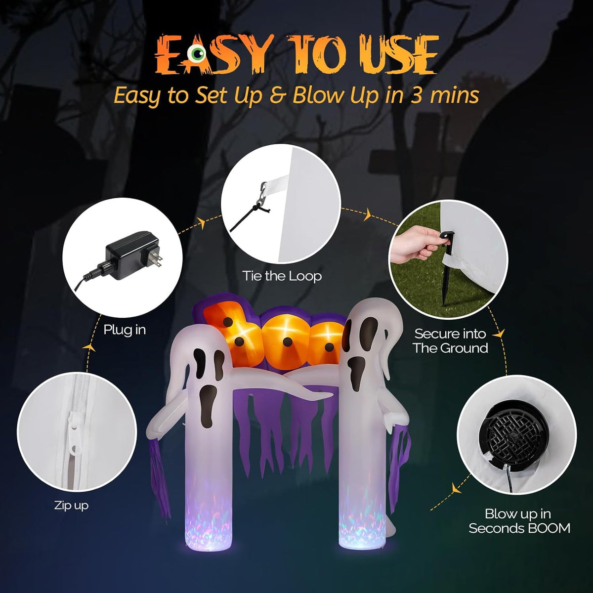 Witchwood™ VINGLI 9.8FT Inflatable Halloween Outdoor Decorations, Blow Up Yard Decorations, Built-in LED Lights Décor for Indoor Home Party Garden Lawn Store, White Ghost Archway