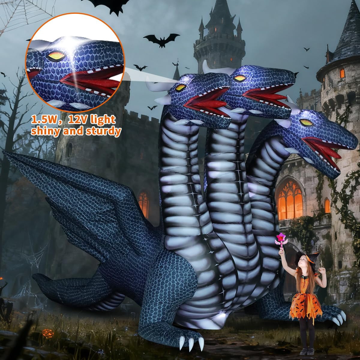 Witchwood™ COMIN 15.6 FT Long Animated Halloween Inflatables Outdoor Decorations Black Hydra Dragon - Giant Yard Blow Up Decoration Built-in LED Lights for Halloween Party Yard Lawn Garden Patio Decor