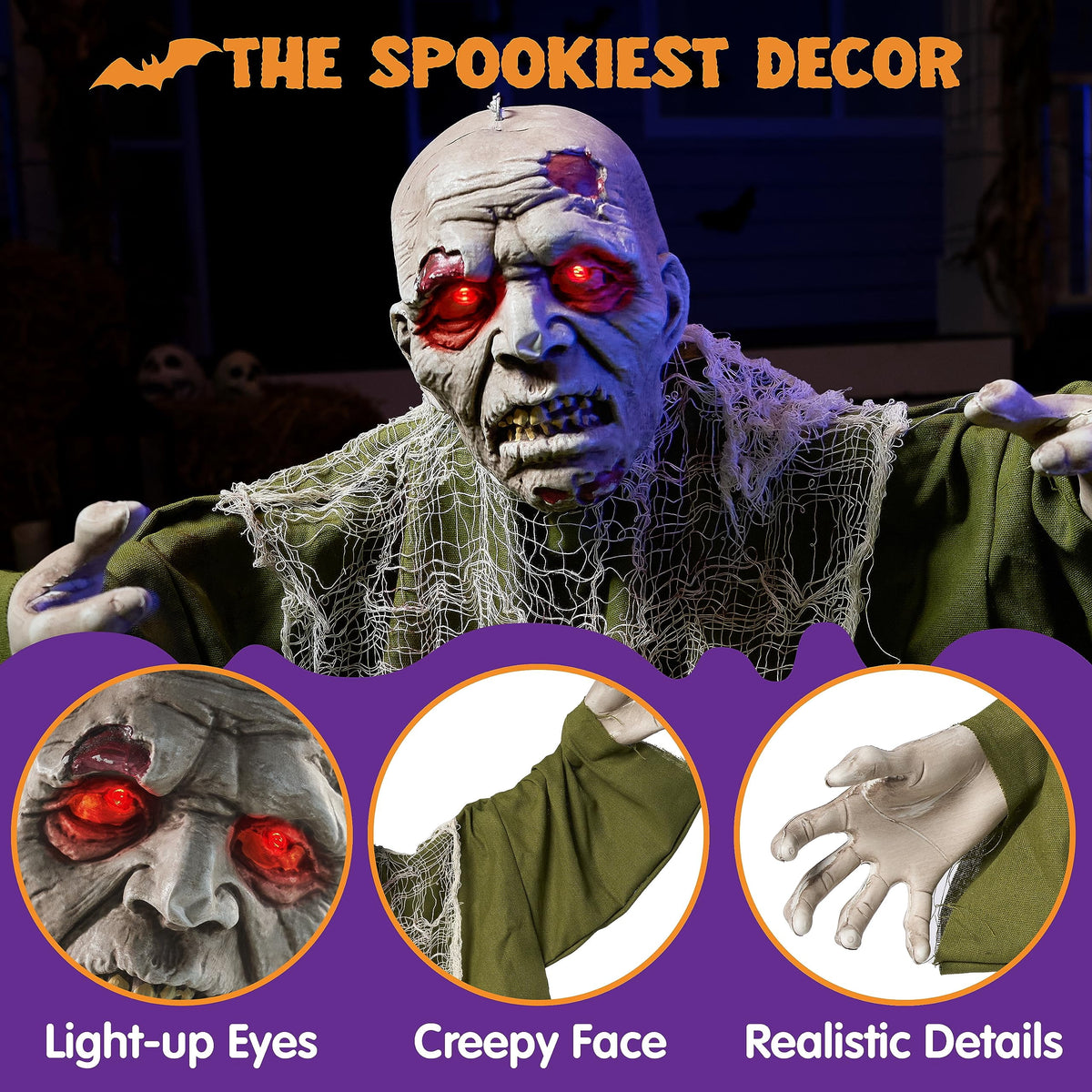 Witchwood™ Halloween Groundbreaker Animated Halloween Decorations Zombie with Crawling Creepy Animatronic Decorations with Movable Arms,Outdoor Scary Halloween Yard Decorations