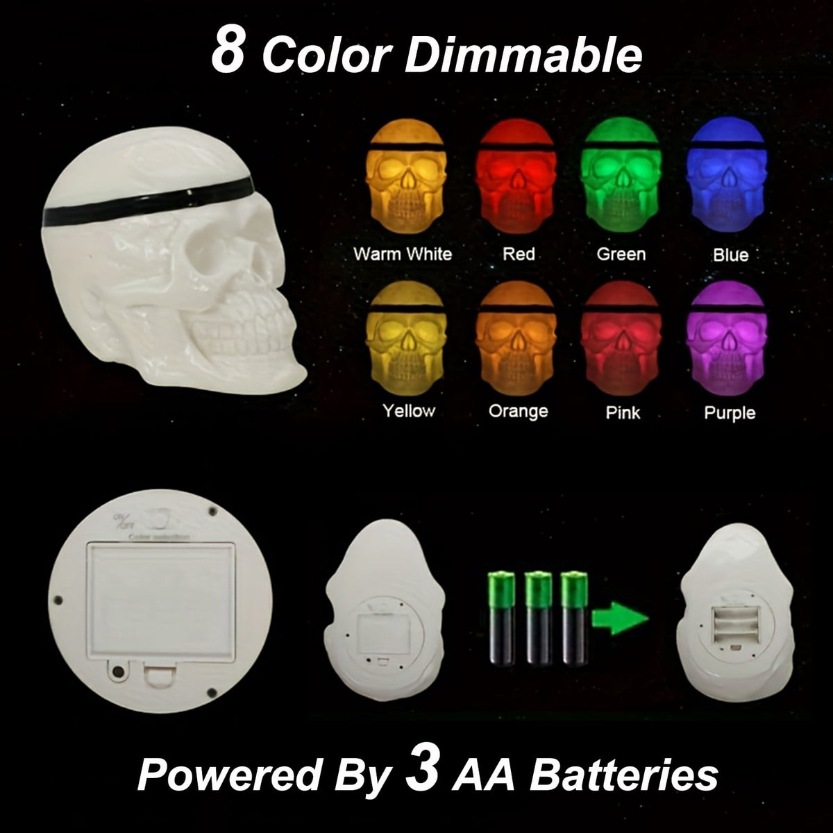 Witchwood™ Postlucky 7.5" 8-Color Dimmable LED Skull Light, Halloween Outdoor Skeleton Decor Lamp, 3 AA Battery Powered, Black Strip Accessory