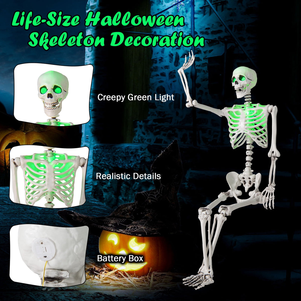 Witchwood™ Costway 5.5 FT Poseable Halloween Skeleton Life-Size Decoration with Built-in Lights Green