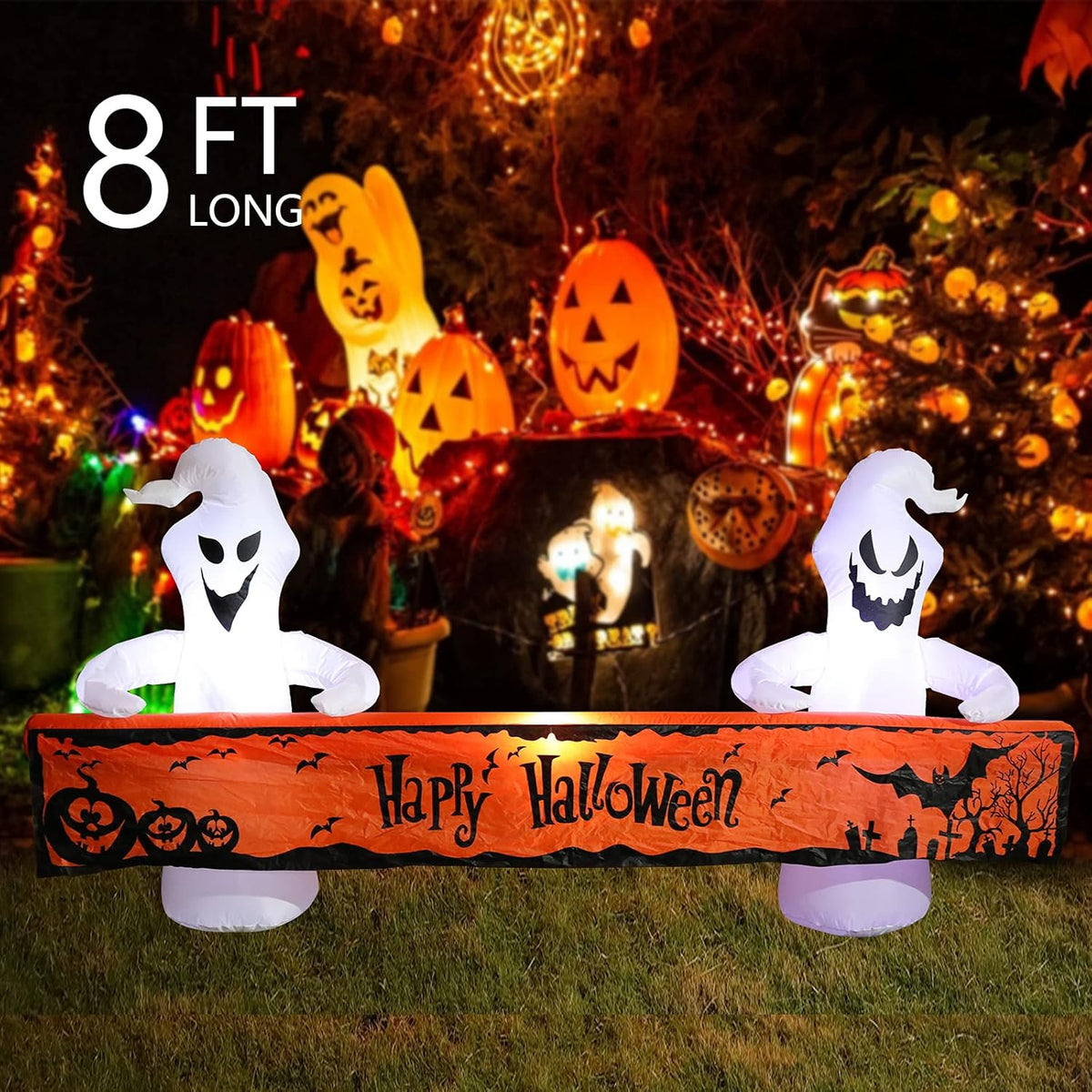 Witchwood™ Large Hallowee Inflatable-8FT White Ghosts with Orange Banner Print ?Happy Halloween? LED Lights Outdoor Halloween Decorations Blow Up Decoration for Halloween Party, Yard, Garden, Lawn
