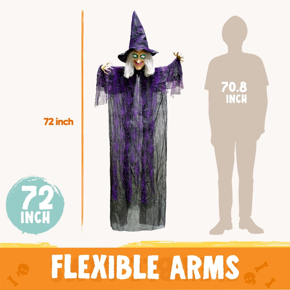 Witchwood™ 6ft Halloween Witch Decoration,Outdoor Scary Halloween Animatronic Hanging Witch with Light Up Eyes and Sound Decoration for Halloween Outdoor