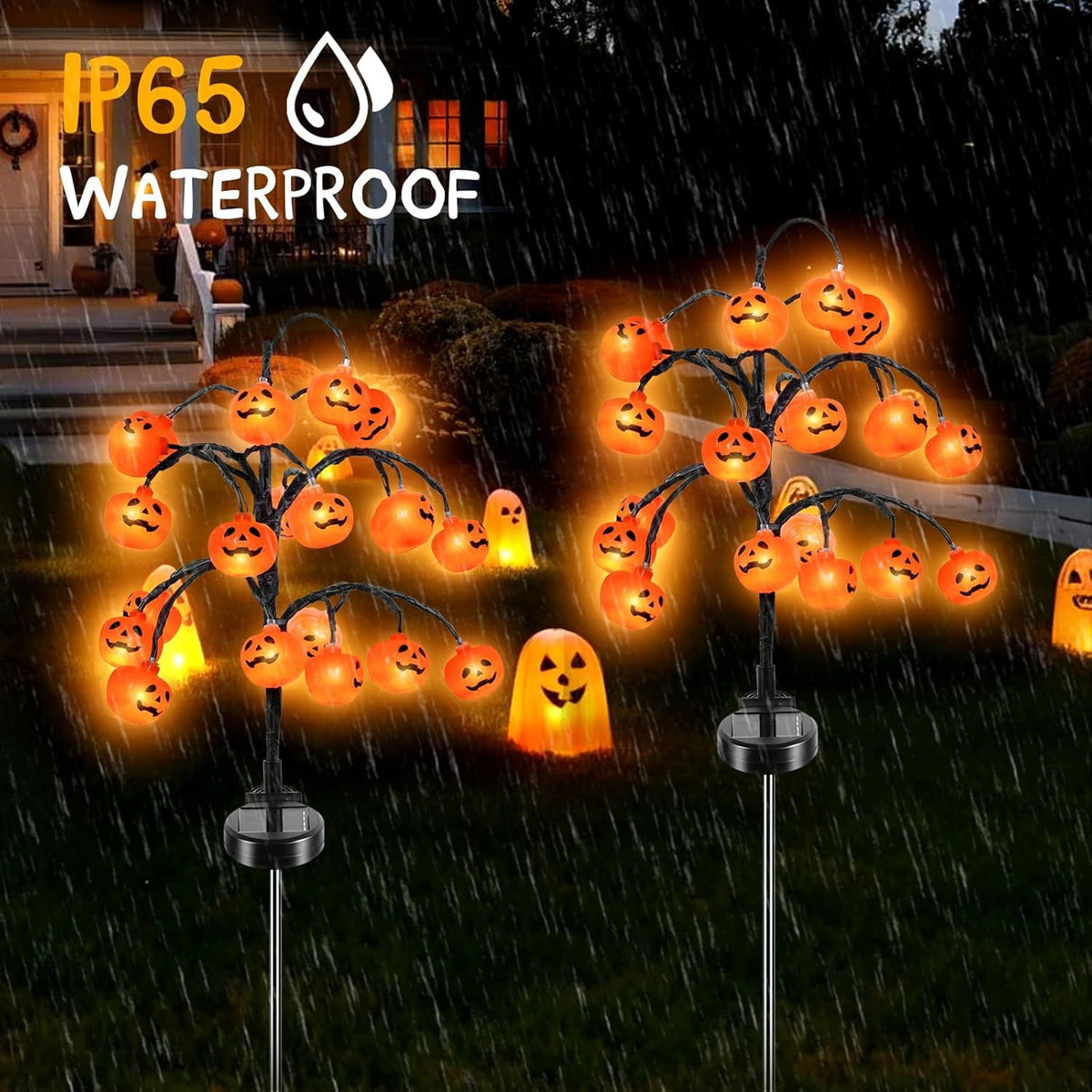 Witchwood™ 2 packs 40 LEDs Solar Halloween Pumpkin Stake Lights, 2 Modes Outdoor Waterproof Halloween Decorations, Solar Halloween Lights Stakes for Garden Yard Pathway