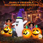 Witchwood™ 8 FT Long Halloween Inflatable Ghost with Witch Hat, 6 Pumpkins Halloween Blow Ups with Black Cat for Halloween Party Outdoor Yard Garden Lawn Decor