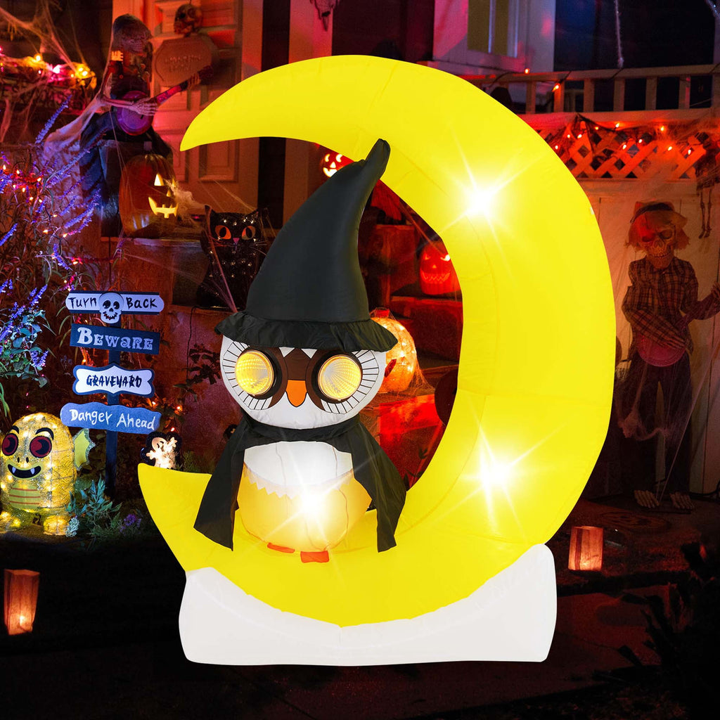 Witchwood™ Costway 4.3 x 5.1 ft Inflatable Owl on Moon LED Lighted Halloween Decoration w/ Large Moon & Wizard Owl w/ Stakes & Sandbags