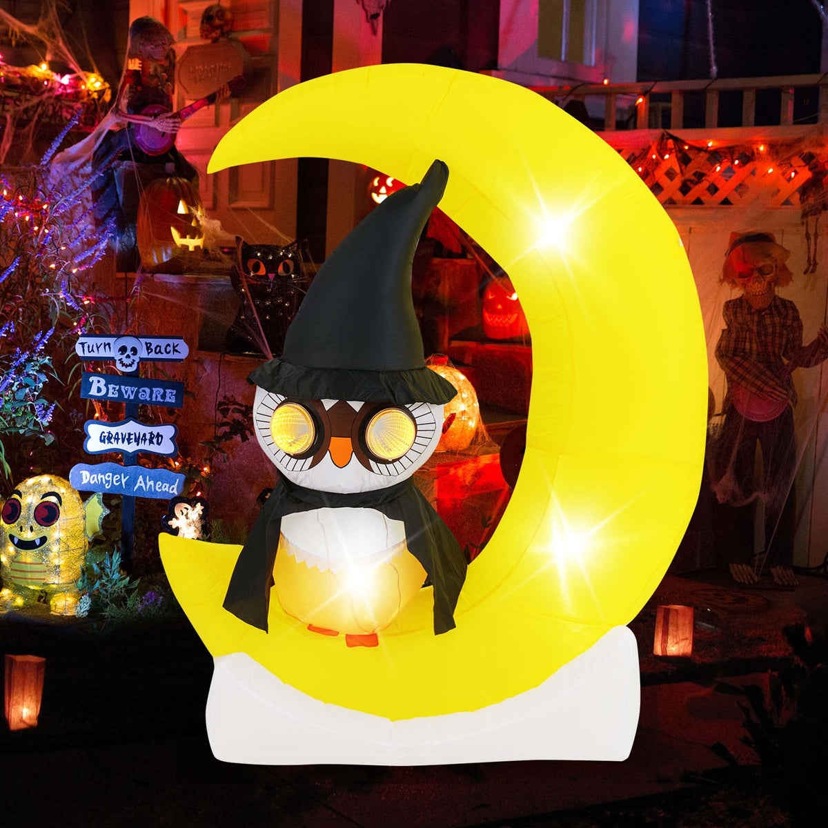 Witchwood™ Costway 4.3 x 5.1 ft Inflatable Owl on Moon LED Lighted Halloween Decoration w/ Large Moon & Wizard Owl w/ Stakes & Sandbags