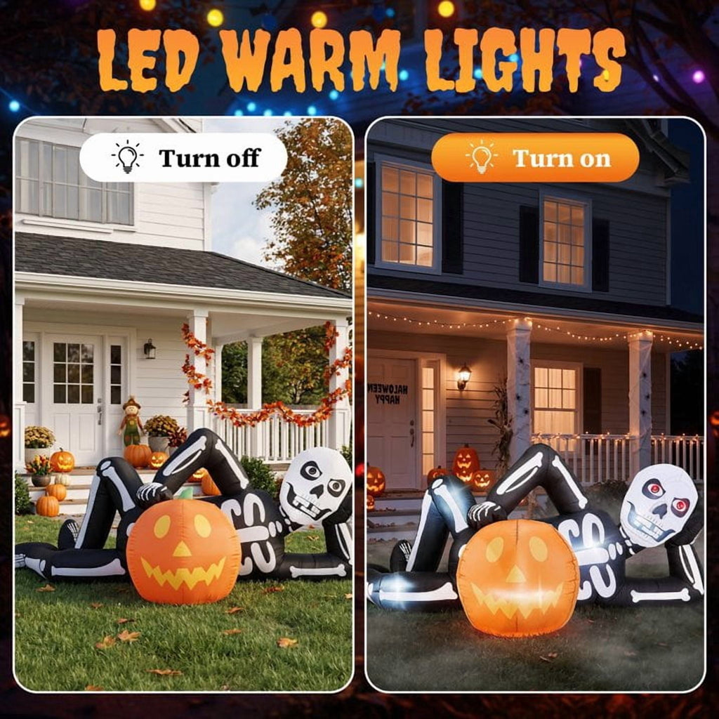 Witchwood™ 7' Halloween Inflatables Skeleton Outdoor Halloween Decoration Reclining Skeleton with Pumpkin,Built-In LED Lights