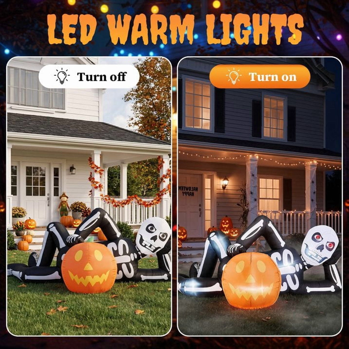 Witchwood™ 7' Halloween Inflatables Skeleton Outdoor Halloween Decoration Reclining Skeleton with Pumpkin,Built-In LED Lights