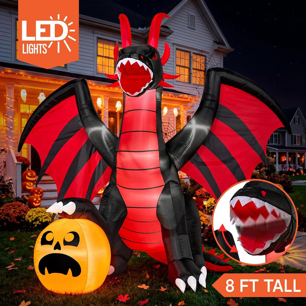 Witchwood™ 8 ft Halloween Inflatable Fire Dragon with Pumpkin,Animated Moving Mouth & Internal LED Lights,Blow Up Yard Decor Outdoor Lawn Garden Indoor Porch Patio Spooky Halloween Decoration