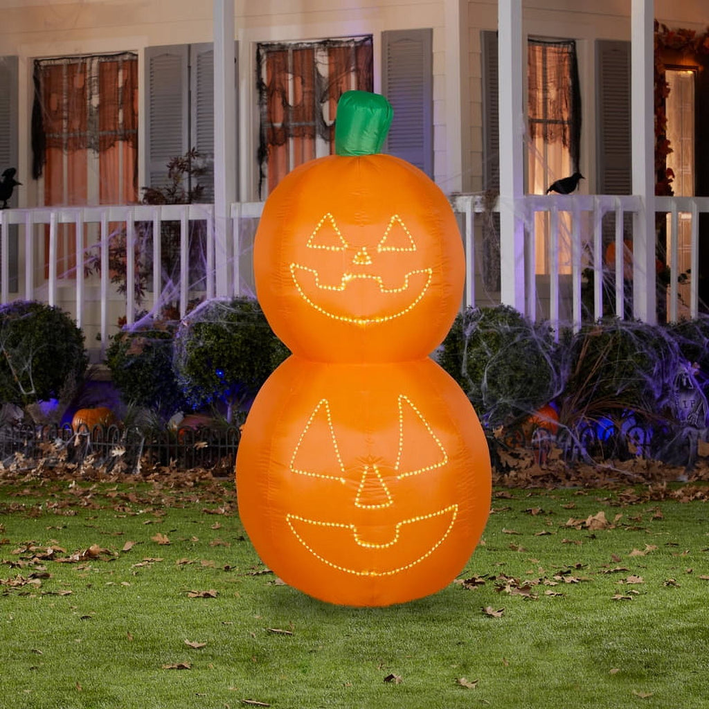 Witchwood™ 5.5 ft. H Halloween Yard Inflatables Jack-O-Lantern Pumpkin Stack with White Micro Lights