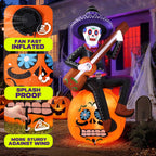 Witchwood™ 6FT Halloween Inflatable Outdoor Decoration, Day of the Dead Skull with Guitar, Blow Up Yard Decor