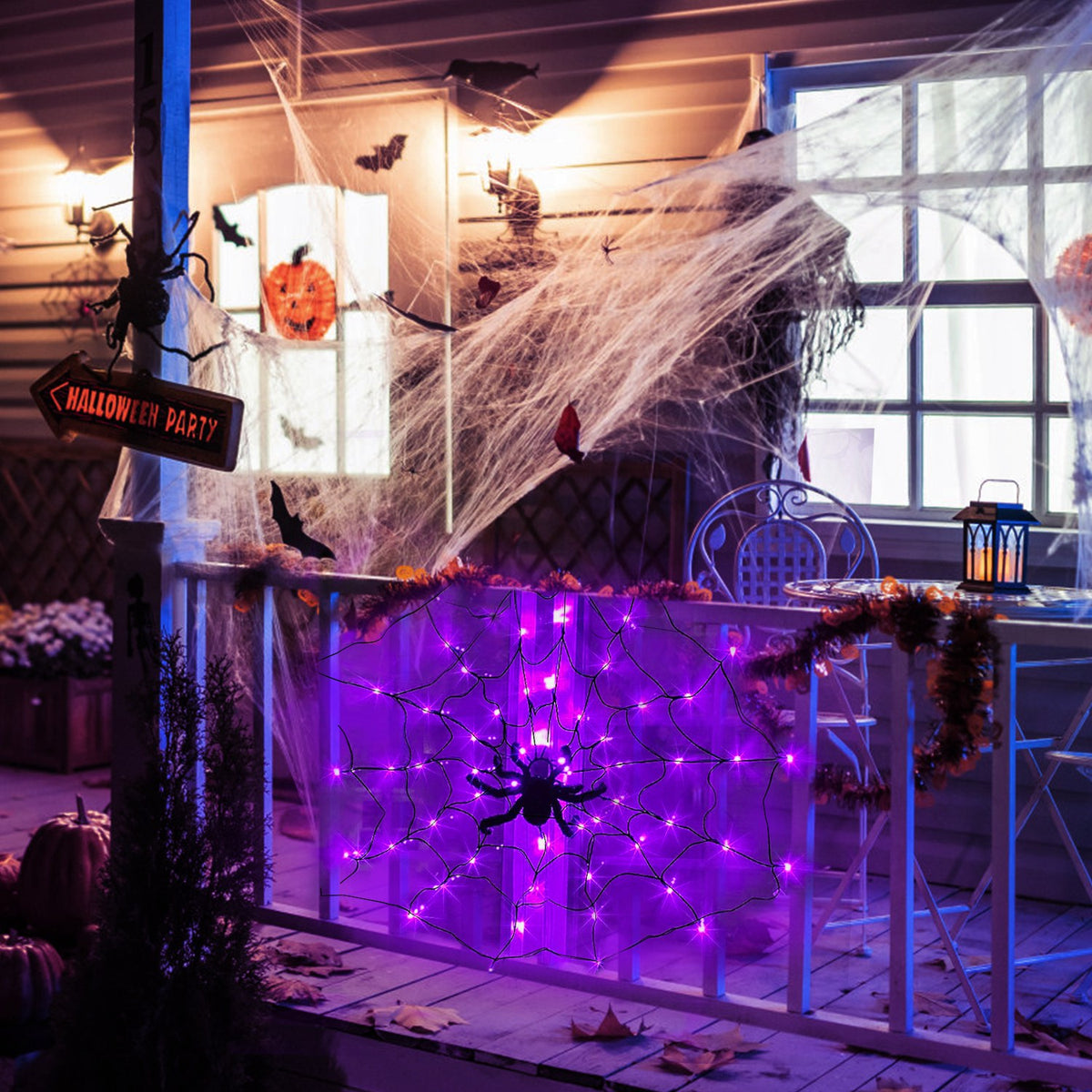 Witchwood™ Halloween Spider Web Light LED and a 5in Spider, 3.28ft Spider Web Light Decorations 70 LED Lighted, Indoor Outdoor House Yard Garden Scary Halloween Window Light, Battery Operated, Purple