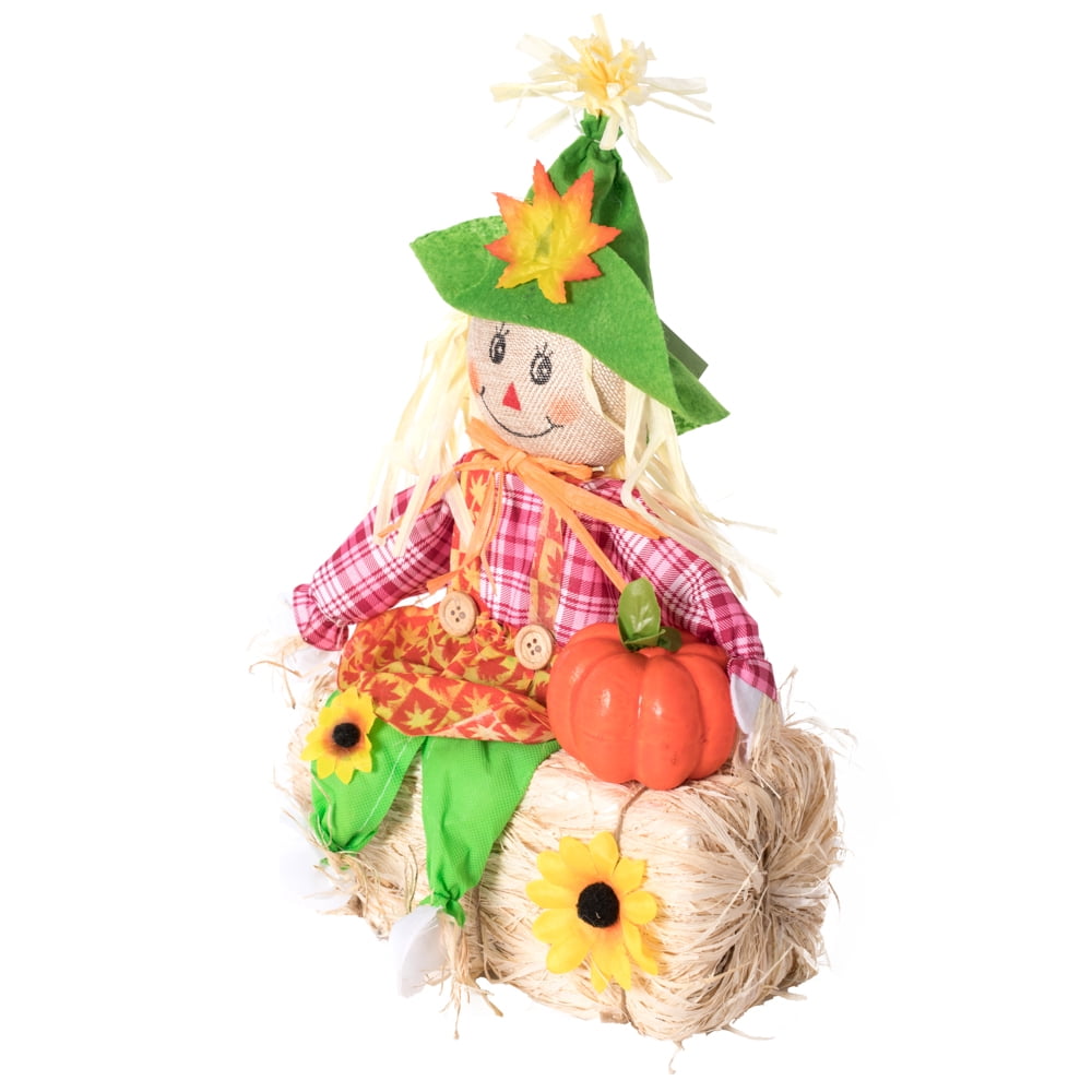 Witchwood™ Gardenised 18 Inch Sitting on Straw and Hay Bales Multicolor Trio Scarecrows for Halloween, Fall and All Time Season Garden Decor, Perfect to Add a Festive Touch to Your Lawn