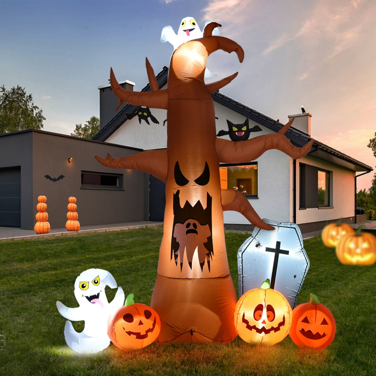Witchwood™ Coolmade 8 ft Halloween Inflatable Outdoor Dead Tree with Ghosts Pumpkins Tombstone Bat, Halloween Blow Up Yard Decorations Clearance with Build-in LED Lights for Holiday Party Lawn Yard Garden