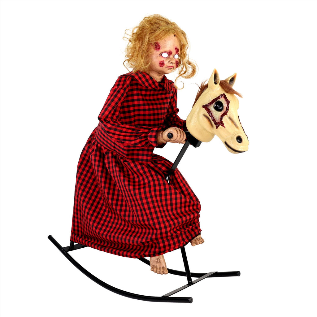 Witchwood™ 3.2 ft Voice & Sound-Sensor Rocking Horse Girl Halloween Animatronic, HHRCKHRSGRL-1FLSA