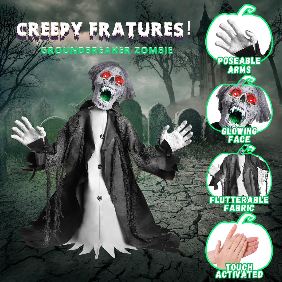 Witchwood™ Halloween Zombie Groundbreaker Decorations Outdoor with Light and Sound, 2.3FT Motion and Sound Scary Deco Props for Outdoor,Yard,Lawn,Patio,Haunted House