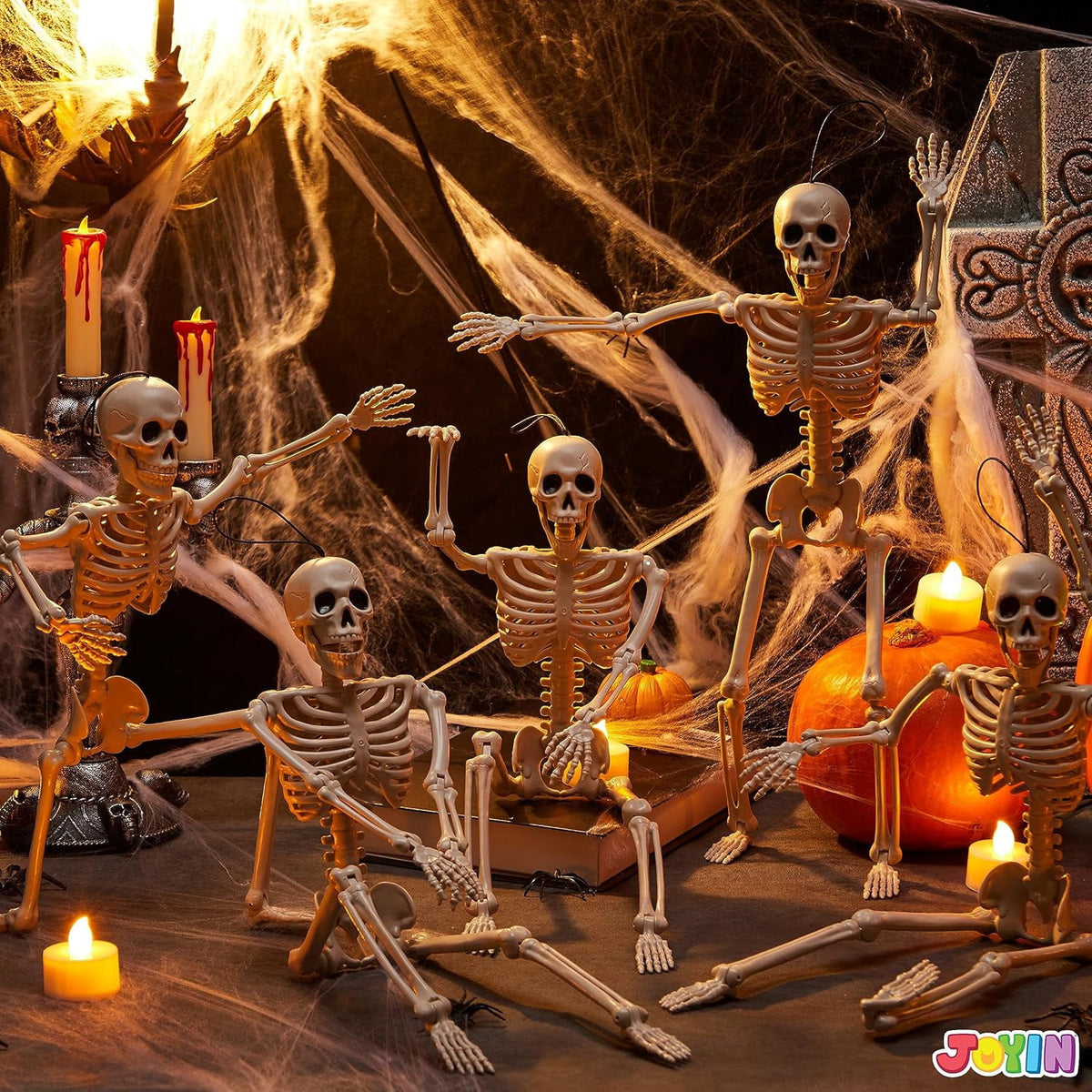 Witchwood™ 5 PCS Posable Halloween Skeleton Decor 16 Inches, Full Body Posable Joints Hanging Skeletons for Halloween Decorations, Graveyard Props, Haunted House Accessories, Spooky Scene Party Favors