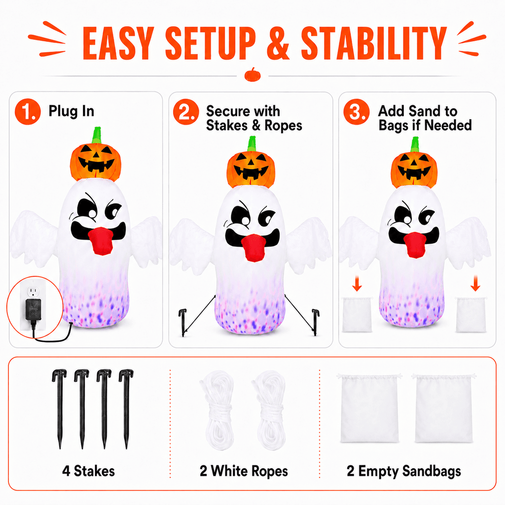 Witchwood™ 6FT Halloween Inflatable Ghost with Pumpkin Head, Light-Up Blow Up Outdoor Yard Decoration with White and RGB LED Lights