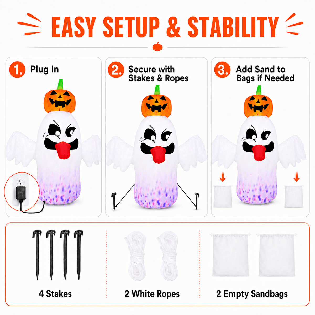 Witchwood™ 6FT Halloween Inflatable Ghost with Pumpkin Head, Light-Up Blow Up Outdoor Yard Decoration with White and RGB LED Lights