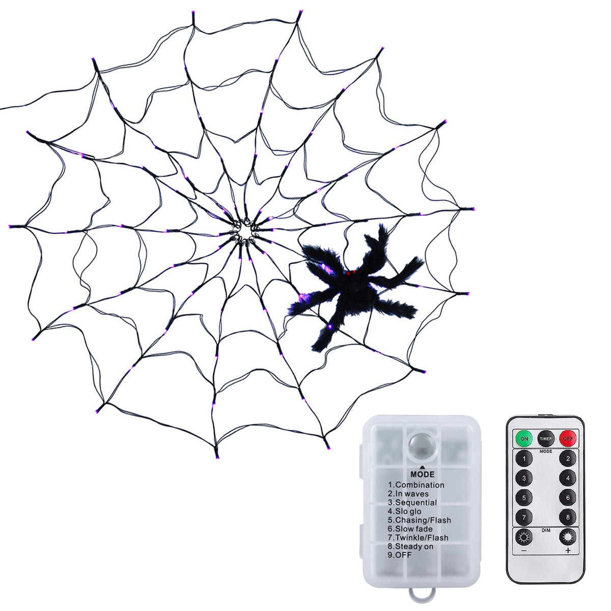 Witchwood™ Halloween Spider Web Light LED and a 5in Spider, 3.28ft Spider Web Light Decorations 70 LED Lighted, Indoor Outdoor House Yard Garden Scary Halloween Window Light, Battery Operated, Purple