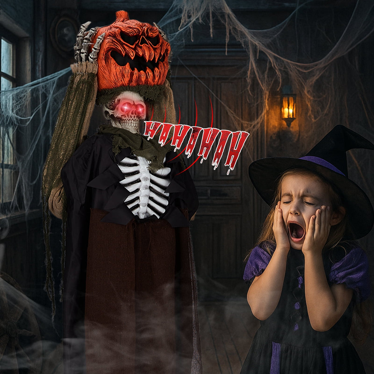 Witchwood™ 6ft Ghost with The Pumpkin Head Halloween Animated Animatronic Decoration w/ Pre-Recorded Screaming