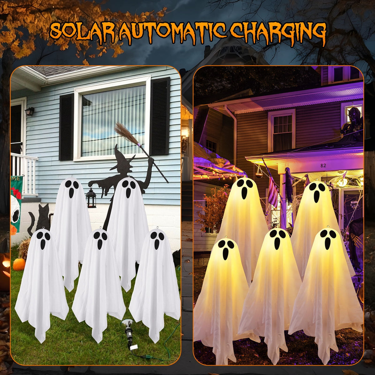 Witchwood™ Halloween Decorations, Solar Garden Lights Outdoor, 5Packs Halloween Ghost Decorations Lights Indoor, Solar Scary Ghost Path Lights for Halloween Party Decor, Porches Yards Gardens Lawn, Warm White