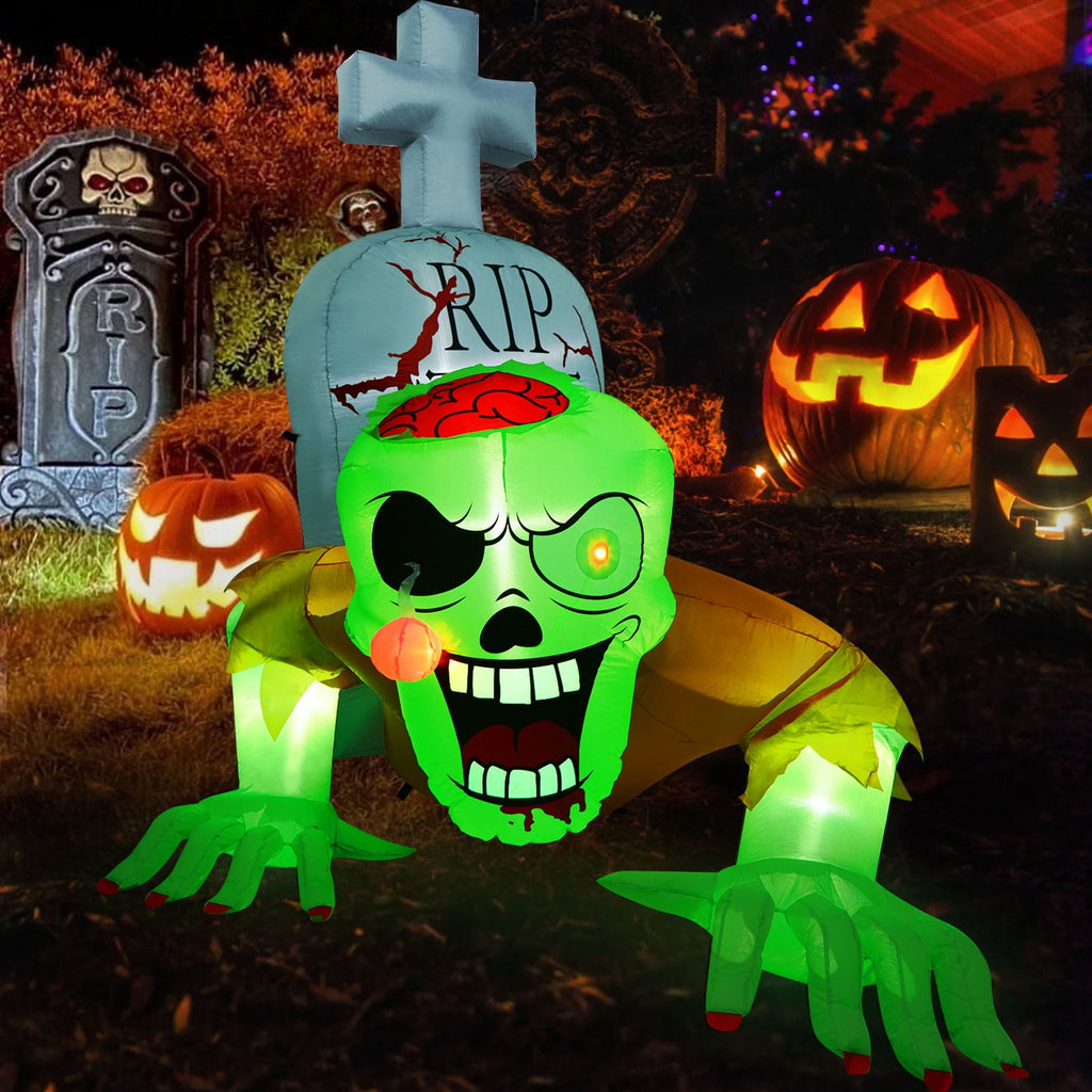 Witchwood™ 5.7FT Inflatable Halloween Inflatable Crawling Green Ghost with Tombstone Built-in LED Lights Inflatable LED Lights Blow Up Yard Decoration