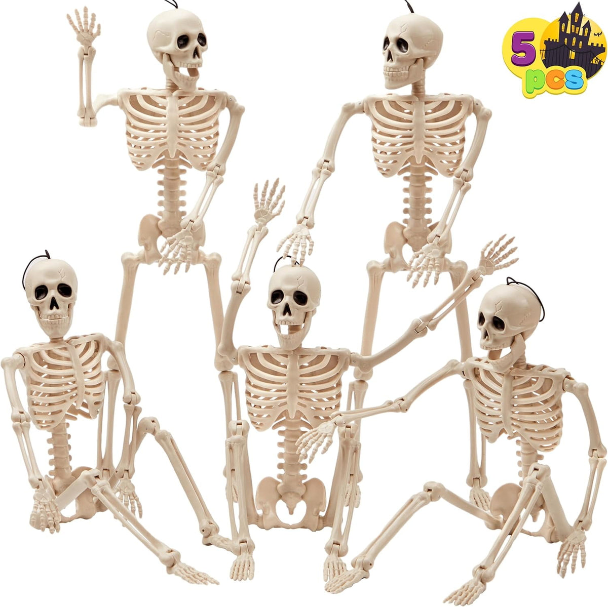 Witchwood™ 5 PCS Posable Halloween Skeleton Decor 16 Inches, Full Body Posable Joints Hanging Skeletons for Halloween Decorations, Graveyard Props, Haunted House Accessories, Spooky Scene Party Favors