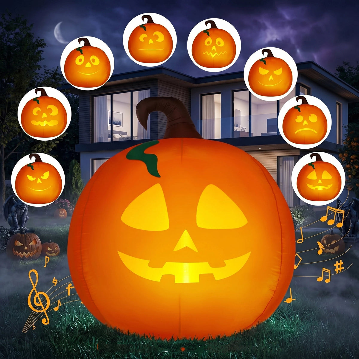 Witchwood™ 5 Ft Tall Halloween Inflatable Pumpkin,Blow Up Pumpkin with Projector Face and Music Lights,Outdoor Decorations for Yard,Garden,Lawn,Party