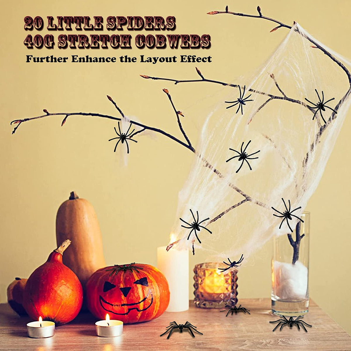 Witchwood™ Vafful Halloween Decoration Outdoor Yrad Spider Web 275'' and 59'' Giant Spider with 20 pcs Small Spider and 40g Stretch Cobwebs for Indoor Outdoor Yard Haunted House Party Halloween Decor